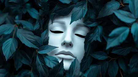 A white mask with closed eyes is nestled among teal leaves, creating a surreal, dreamlike portrait. The composition evokes tranquility and mystery, enhanced by the cool color palette.の素材