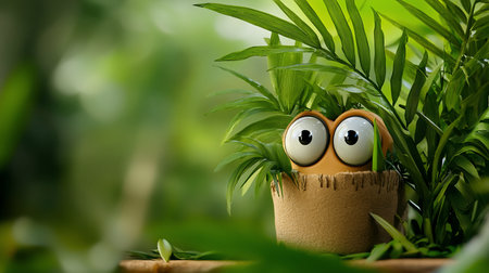 A cartoonish, wide-eyed creature peeks out from a textured, tan pot, surrounded by vibrant green foliage in a close-up shot with a blurred, natural background.の素材
