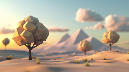 A serene low poly landscape features geometric trees on sandy dunes, with distant mountains and soft clouds under a pastel sunset sky, creating a peaceful, stylized scene.の素材