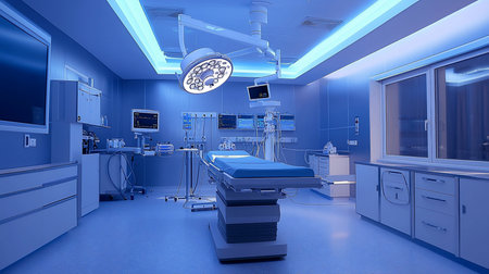 A modern operating room bathed in sterile blue light, featuring a surgical table, monitors, and equipment, ready for medical procedures. The room is clean, organized, and technologically advanced.の素材