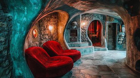 A surreal interior featuring two red velvet chairs in a cave-like space. Stone walls, arched doorways, and unique lighting create a dreamlike, artistic atmosphere.の素材