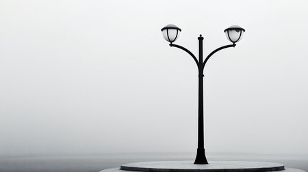 A black and white minimalist landscape featuring a solitary streetlight on a circular platform, shrouded in dense fog, creating a serene and slightly melancholic atmosphere.の素材