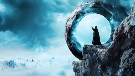 A cloaked figure stands on a rocky precipice, gesturing towards a glowing, circular portal. Snowy mountains and swirling clouds create a surreal, ethereal atmosphere.の素材