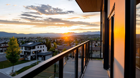 A balcony view overlooking a city at sunset, with mountains in the distance. The warm golden light illuminates the buildings and sky, creating a serene atmosphere.の素材