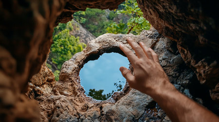 A hand reaches towards a rock pool reflecting the sky, framed by a cave opening revealing lush greenery. The scene evokes a sense of wonder and connection with nature.の素材