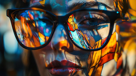 A close-up portrait of a woman with stained glass patterns reflected in her eyeglasses and painted on her face, creating a vibrant and artistic visual effect.の素材