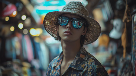 A young man with a straw hat and sunglasses stands in a vibrant market. The sunglasses reflect the bustling market scene, creating a unique visual effect.の素材