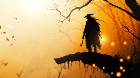 A shadowy witch figure stands on a cliff in a golden, misty forest, holding a glowing staff. The scene evokes mystery, fantasy, and a sense of foreboding.の素材
