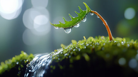 A macro shot captures a vibrant green fern frond adorned with glistening water droplets, emerging from a bed of lush moss, with a blurred bokeh background.の素材