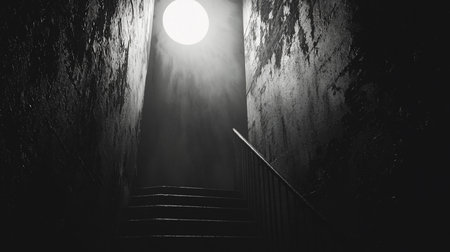 A monochrome image of a dark staircase leading up to a bright light source, creating a mysterious and eerie atmosphere. Textured walls and fog add to the dramatic effect.の素材