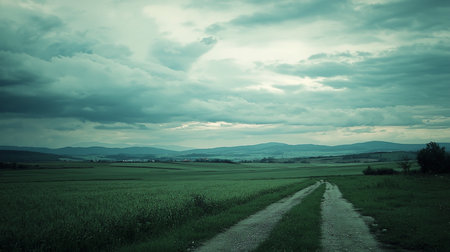 A dirt road cuts through lush green fields under a dramatic, cloudy sky. Distant mountains add depth to the landscape, creating a serene yet moody atmosphere.の素材