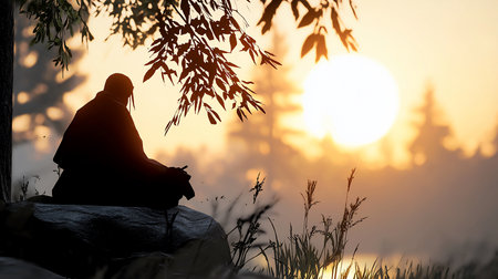 Silhouette of a person sitting on a rock, holding a pipe, against a bright sunrise backdrop, framed by foliage, evoking peace and contemplation in nature.の素材