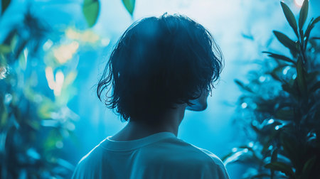 A person stands with their back to the viewer, surrounded by lush greenery bathed in a cool, blue light, creating a serene and slightly mysterious atmosphere.の素材