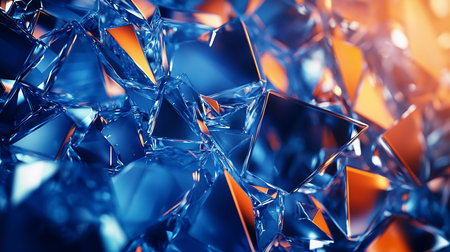 A mesmerizing close-up of a cluster of blue and orange crystals. The sharp edges and reflective surfaces create a dynamic interplay of light and shadow, resulting in a modern, abstract design.の素材