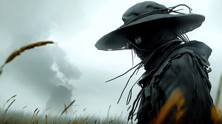 A figure in a dark, tattered plague doctor costume stands in a field of tall grass under a cloudy sky, creating an eerie, ominous, and conceptual scene.の素材