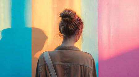 A woman with a messy bun stands with her back to the camera, against a wall painted in vibrant blue, yellow, and pink hues, creating a striking contrast.の素材