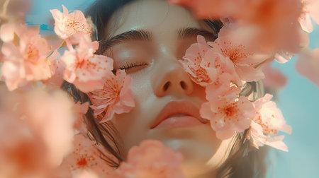 Serene portrait of a woman with closed eyes, face adorned with pink cherry blossoms. Soft, diffused light creates a dreamy, ethereal mood. Focus on beauty, nature, and tranquility.の素材