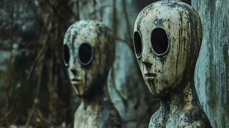 Two weathered, humanoid statues with large, hollow eyes stand in a mysterious, overgrown setting. The statues' peeling paint and somber expressions evoke a sense of unease and forgotten history.の素材