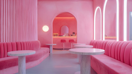 A stylish, all-pink cafe interior featuring plush velvet seating, marble tables, arched doorways, and neon lighting, creating a modern and inviting atmosphere.の素材