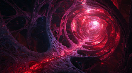 Abstract fractal tunnel with intricate web-like structures in shades of red and purple. A bright light shines at the end of the tunnel, creating a sense of depth and mystery.の素材