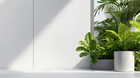 A minimalist interior featuring tropical plants in pots against a white wall with sunlight creating shadows. The scene evokes a sense of calm, modern design, and indoor nature.の素材