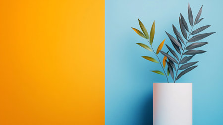 A minimalist still life featuring a plant in a white vase against a two-tone backdrop of vibrant orange and soft blue. The composition is clean and modern.の素材