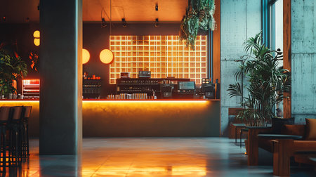 Interior shot of a modern bar featuring a glowing orange bar counter, concrete walls, and hanging plants, creating a stylish and inviting atmosphere.の素材