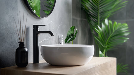 A stylish bathroom features a round white sink, sleek black faucet, and a tropical leaf accent, complemented by a round mirror and modern gray tile.の素材