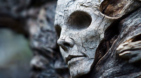 Close-up of a weathered wood sculpture of a human face, showcasing cracked texture and eerie beauty. The sculpture is set against a blurred natural background.の素材