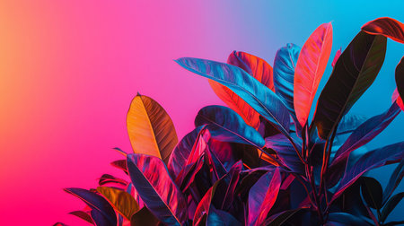 Close-up of a rubber plant with leaves in neon pink, blue, and orange hues. The background is a gradient of pink and blue, creating a surreal, vibrant atmosphere.の素材