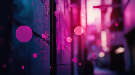 Abstract image featuring glowing pink orbs against a blurred backdrop of neon pink and blue hues, creating a dynamic and futuristic atmosphere.の素材
