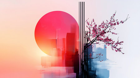 Abstract cityscape featuring a vibrant pink sun, silhouetted buildings, cherry blossoms, and geometric lines, blending urban and natural elements with warm and cool color palettes.の素材