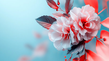 A delicate floral arrangement featuring soft pink and white blooms with coral accents, set against a serene light blue background. The image evokes a sense of tranquility and beauty.の素材