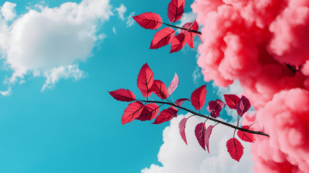 Vivid red leaves on a branch contrast with a bright blue sky dotted with fluffy white clouds, accented by a large, soft pink cloud formation.の素材
