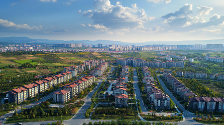 Aerial view of a residential area with rows of buildings, roads, and greenery, set against a backdrop of distant city buildings and mountains under a partly cloudy sky.の素材
