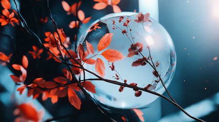 A captivating still life featuring vibrant red leaves and delicate flowers partially encased in a glass orb, set against a moody, dark blue background with soft, diffused lighting.の素材