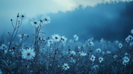 A field of white daisies under a blue filter, with a misty forest in the background. The scene evokes a sense of tranquility and dreaminess, enhanced by the soft, diffused light.の素材