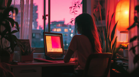 A girl works on her laptop at a desk, illuminated by the pink sunset outside the window and the warm glow of a lamp, creating a cozy, focused atmosphere.の素材