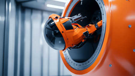 A vibrant orange astronaut suit emerges from a circular hatch, suggesting futuristic space exploration or advanced technology. The suit's design is sleek and modern, with a reflective helmet.の素材