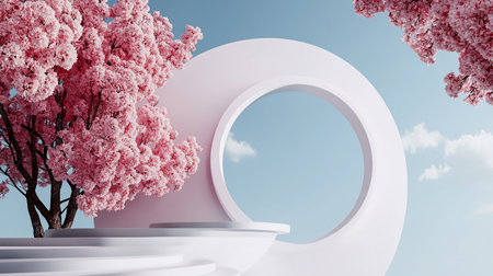 A tranquil scene featuring pink cherry blossom trees framing a white circular stage with steps, set against a soft blue sky with clouds, creating a peaceful, minimalist aesthetic.の素材