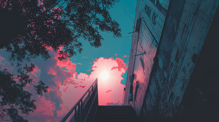 Low-angle shot of stairs leading to a vibrant pink sunset with silhouetted tree branches against a teal sky, juxtaposed with a textured building facade. Dreamy, surreal atmosphere.の素材