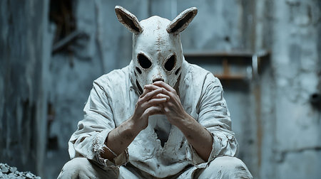 A person wearing a dirty, white rabbit mask sits in a dilapidated interior, hands clasped in contemplation. The scene evokes a sense of unease and mystery.の素材