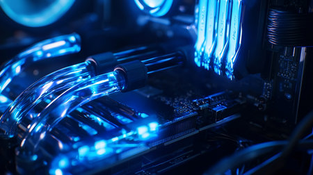 Close-up of a high-end gaming PC interior featuring blue liquid cooling tubes and illuminated RAM modules, showcasing advanced technology and performance.の素材