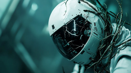 Close-up of a damaged astronaut helmet with cracked visor and encroaching vines, set against a teal background, suggesting themes of space exploration and abandonment.の素材