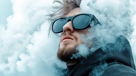 Low-angle shot of a bearded man with sunglasses, enveloped in swirling smoke. He gazes upward, creating a mysterious and contemplative mood. Soft, diffused lighting enhances the ethereal quality.の素材