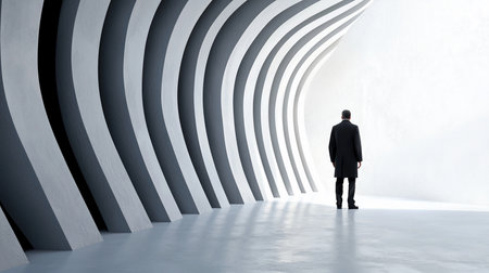 A lone man in a dark coat stands in a modern, abstract space defined by curved, gray and white architectural elements, facing a bright, undefined light source.の素材