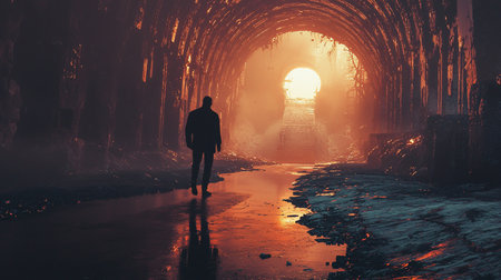 A lone man walks towards a bright light at the end of a flooded, arched tunnel. The scene is bathed in warm, orange light, creating a sense of hope and mystery.の素材