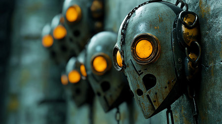 A row of weathered, steampunk-style robot heads with glowing orange eyes are mounted on a textured wall, creating an eerie, industrial atmosphere. Chains add to the mechanical aesthetic.の素材