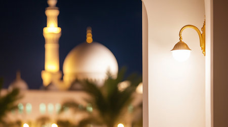 A golden wall lamp casts light against the blurred backdrop of the Sheikh Zayed Mosque at night, creating a serene and spiritual ambiance.の素材