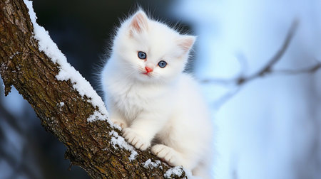A fluffy, pure white kitten with striking blue eyes sits perched on a snow-dusted tree branch, its soft fur contrasting against the cool winter background.の素材